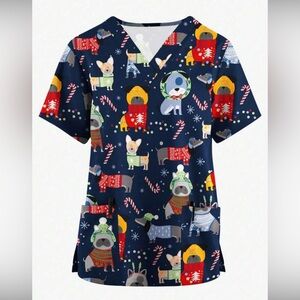 Festive Dog Print Scrub Top